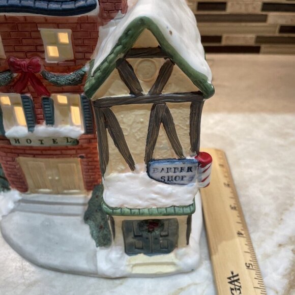 Christmas Village Hotel Barber Shopl Lighted Hand Painted House Porcelain Caldor - Picture 11 of 14